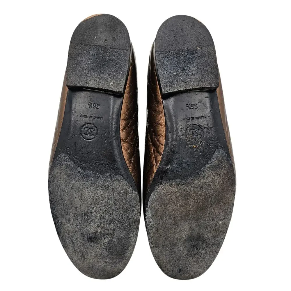 Chanel CC Cap Toe Ballet Flat Slipper Brown Bronze Leather Size 36.5 US 5.5 6
